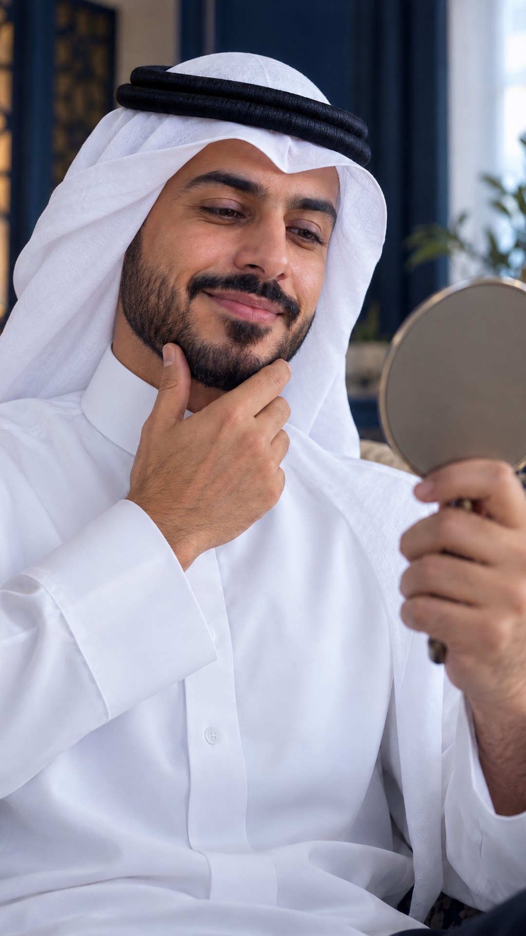 رجل سعودي يتأمل ابتسامته في مرآة صغيرة