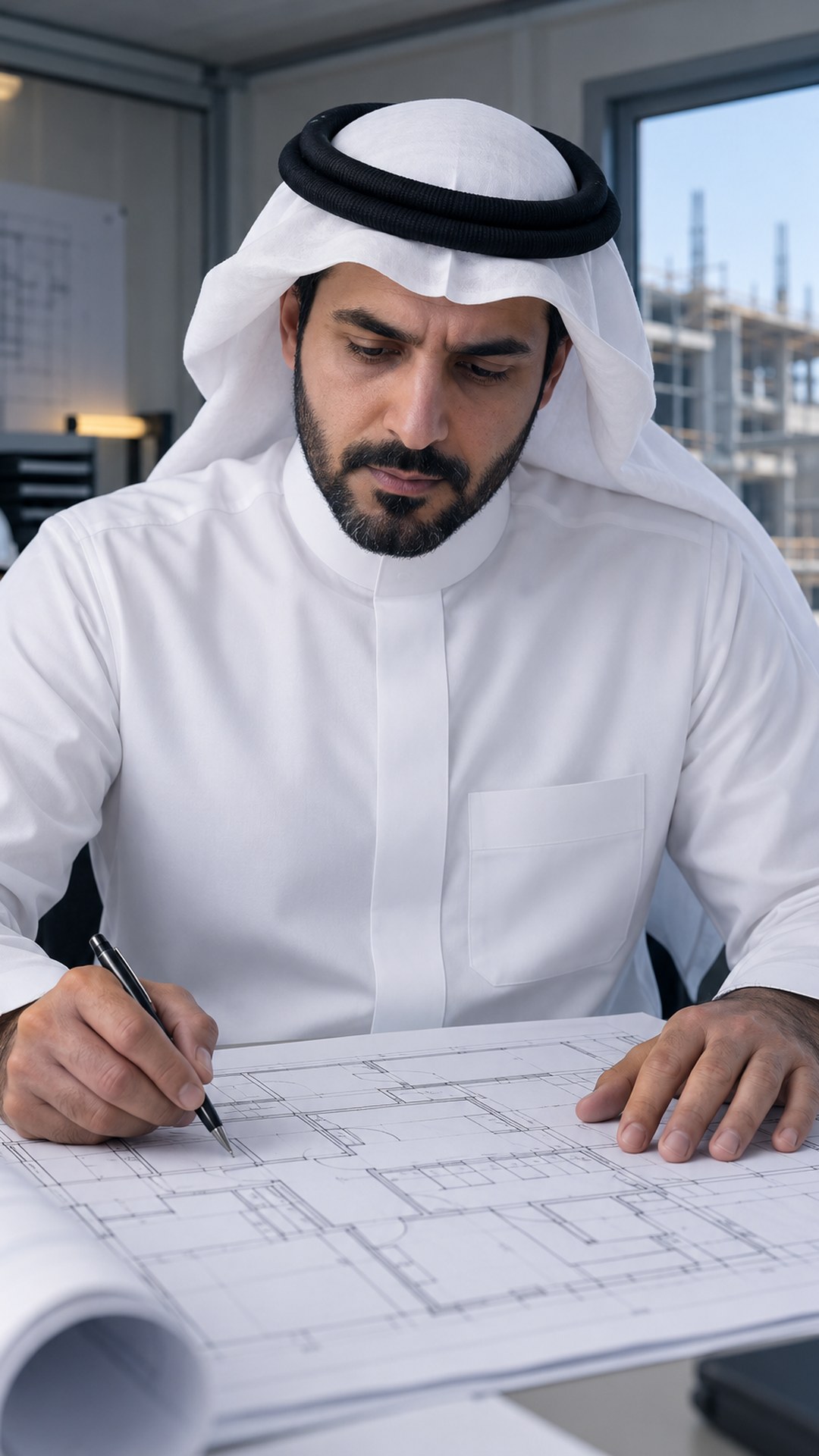 صاحب مشروع سعودي يتفحص مخططاً هندسياً في مكتب الموقع