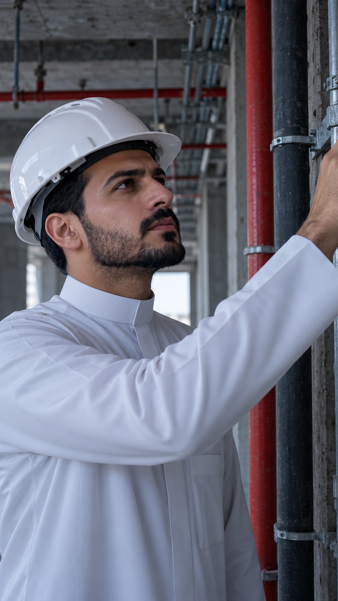 صاحب مشروع سعودي بخوذة يدرس خدمات المبنى المكشوفة داخل هيكل خرساني