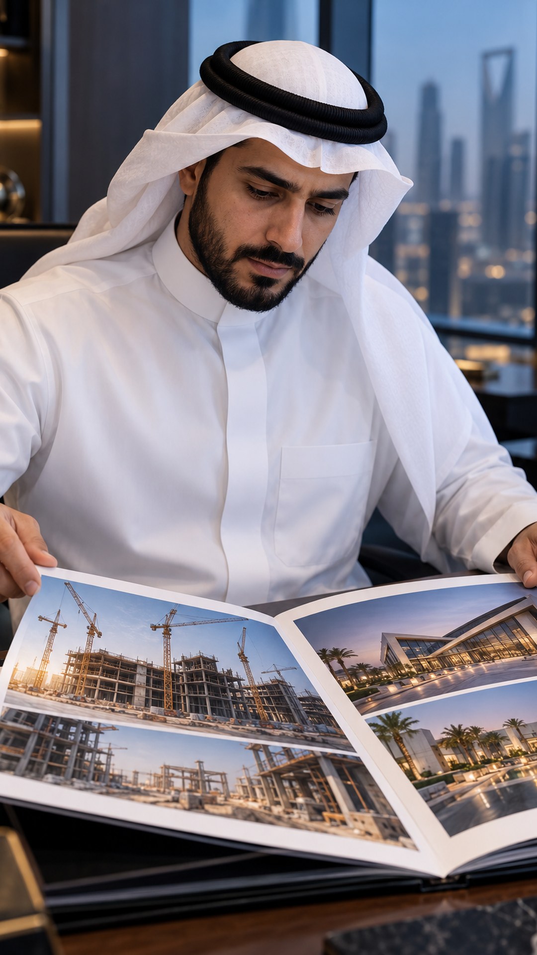 صاحب مشروع سعودي يتأمل ملف مشاريع إنشائية على مكتبه