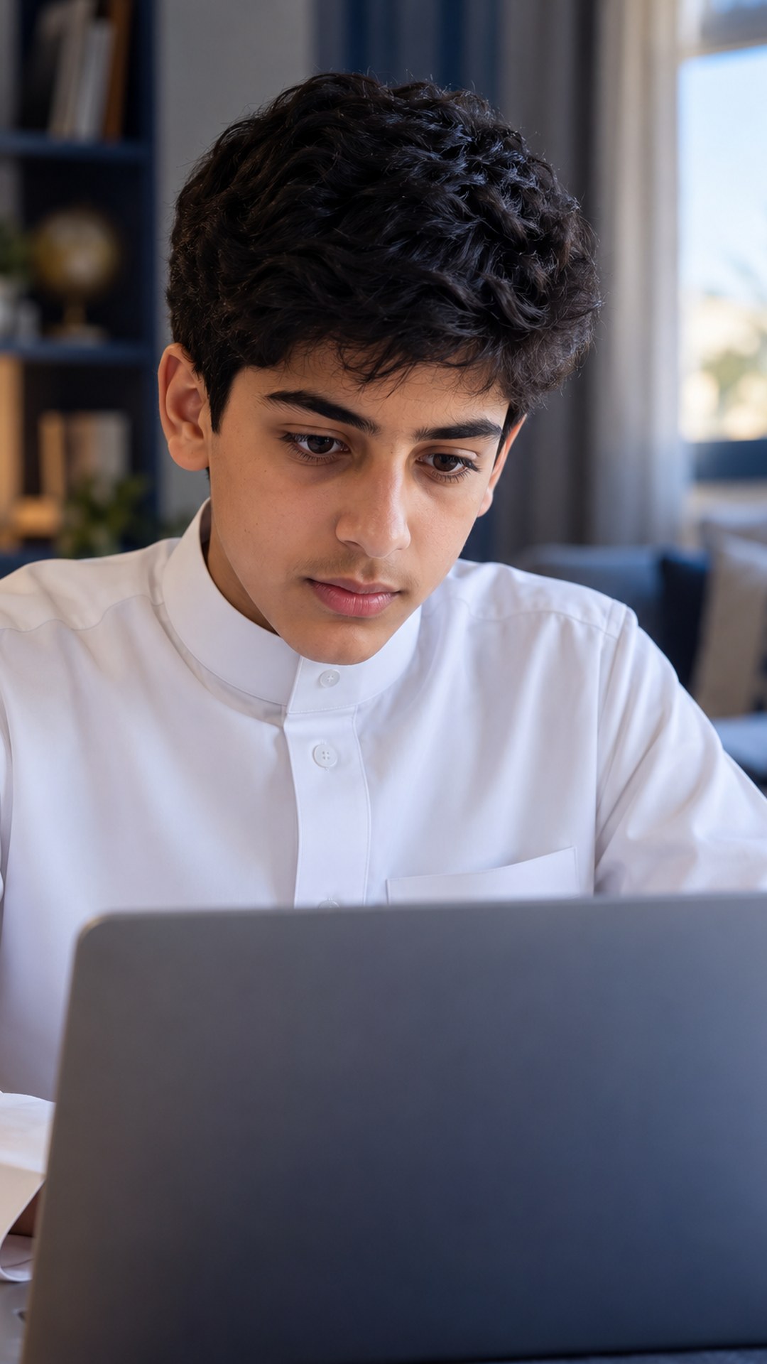 طالب مدرسة سعودي ينظر باهتمام إلى اللابتوب على مكتب المذاكرة