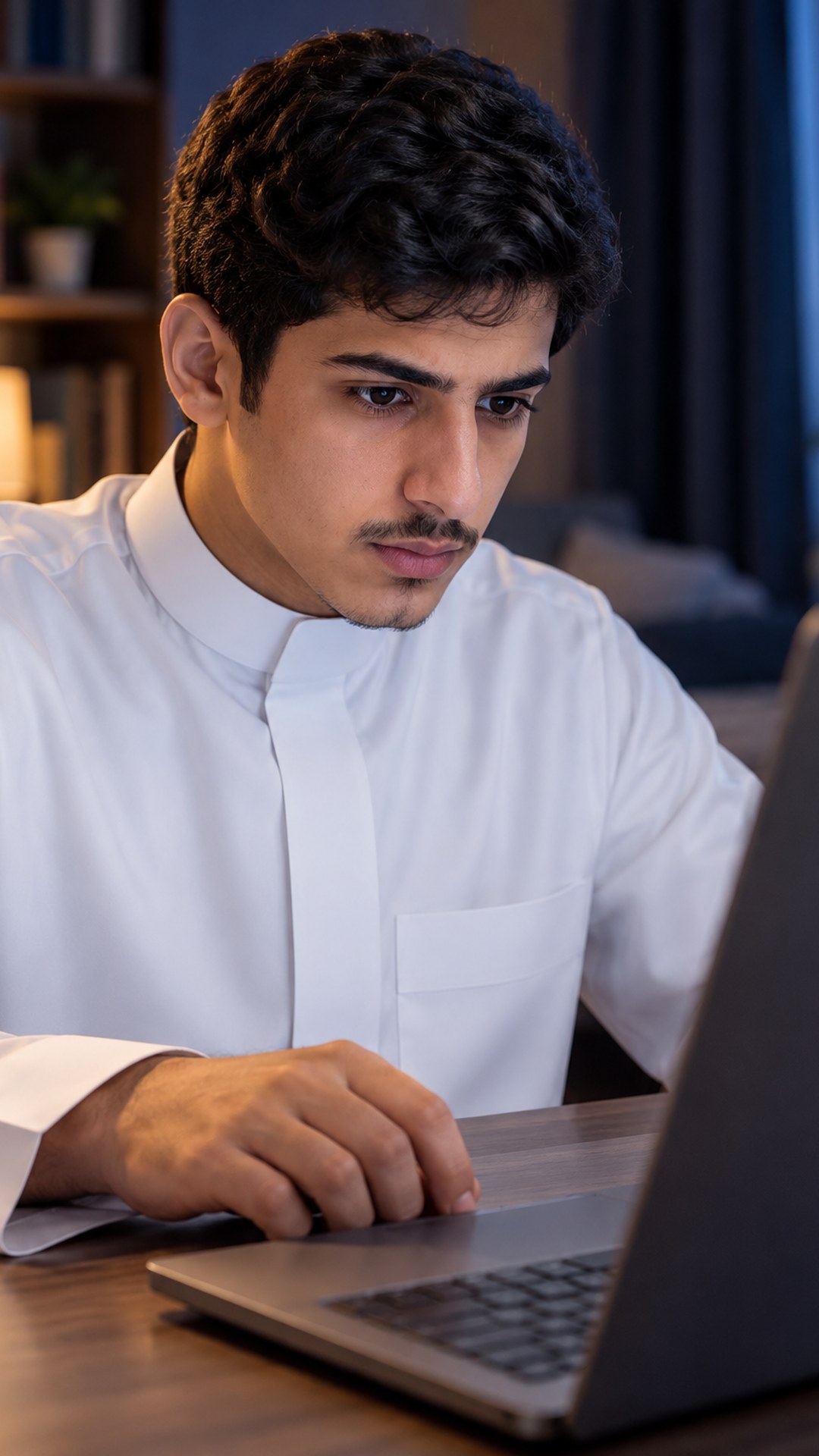متقدم للجامعة سعودي يركز على شاشة اللابتوب ويده بجانب لوحة المفاتيح
