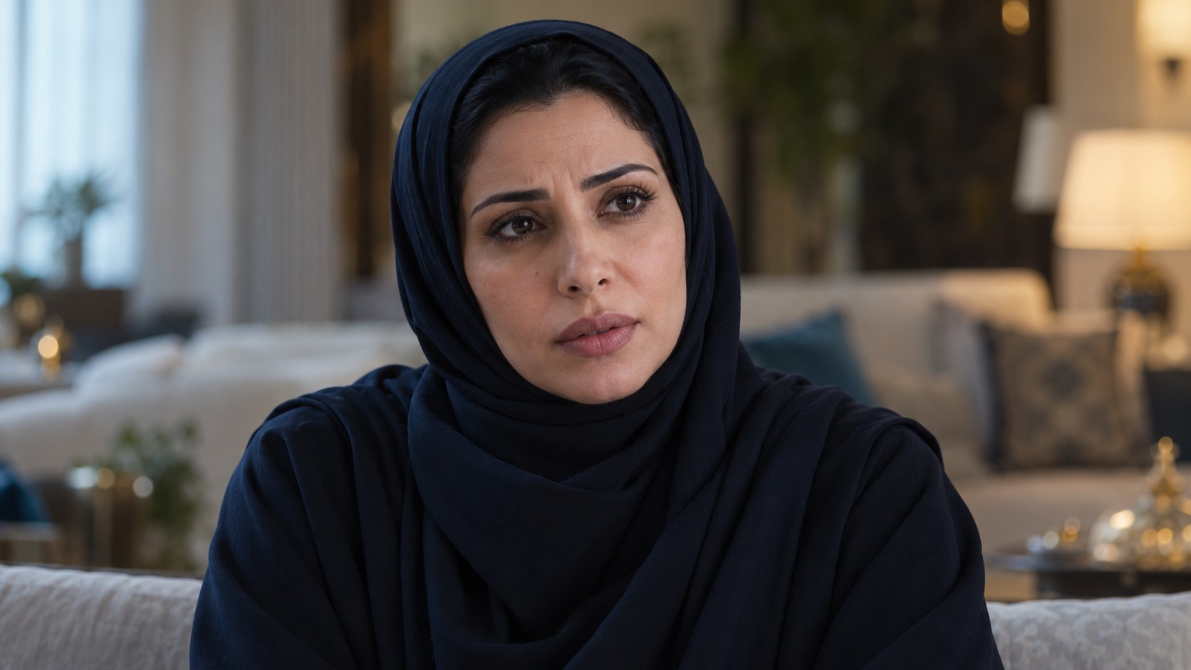 امرأة سعودية في أواخر الثلاثينات يبدو عليها القلق والتأمل في بيت بإضاءة ناعمة