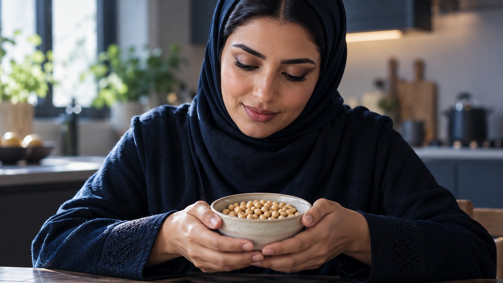 امرأة سعودية تتأمل صحن فول صويا بين يديها على طاولة المطبخ