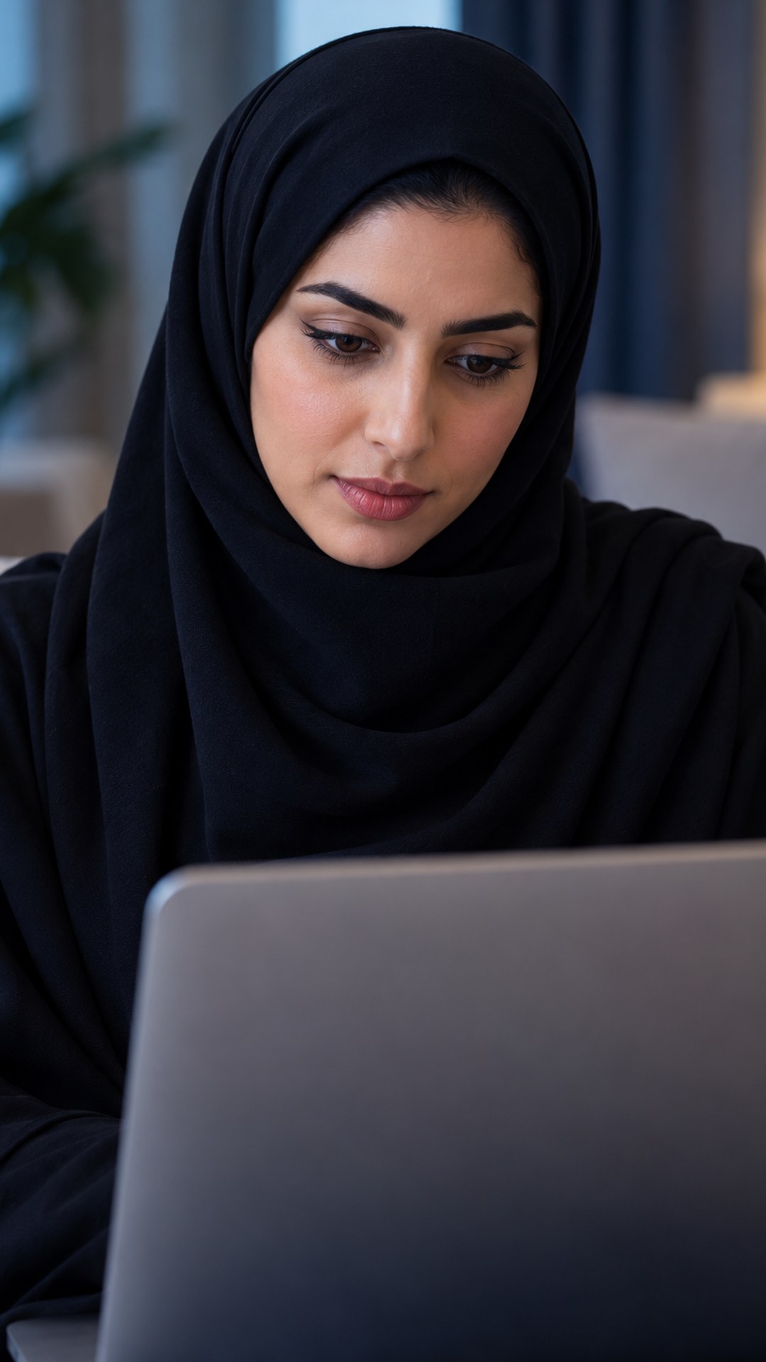 امرأة سعودية تتأمل لابتوبها قبل حجز موعد