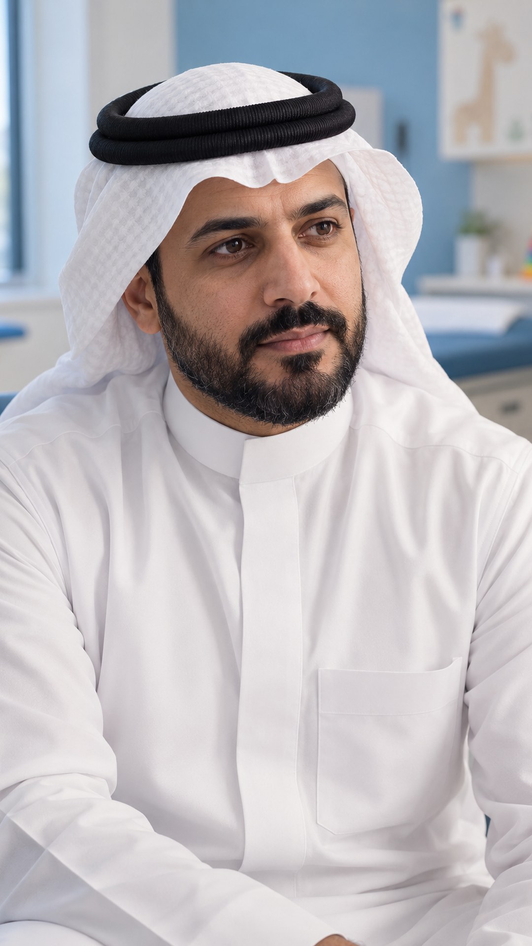 أب سعودي متأمل في غرفة استشارة أطفال