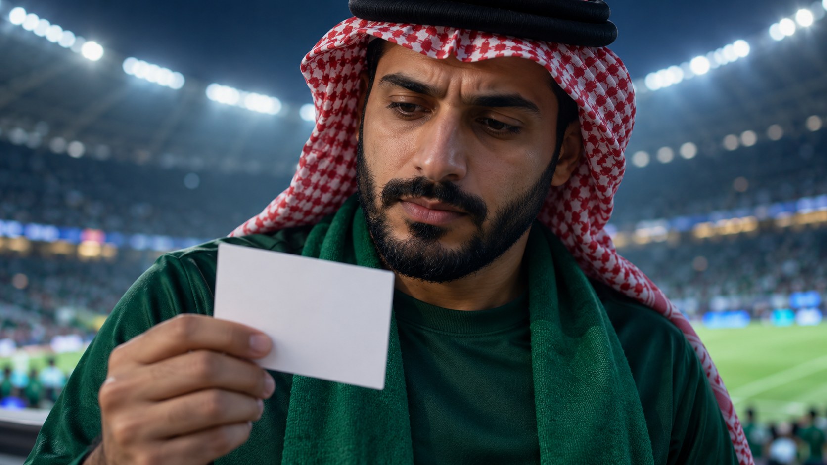 مشجع سعودي يتأمل بطاقة تقويم في يده