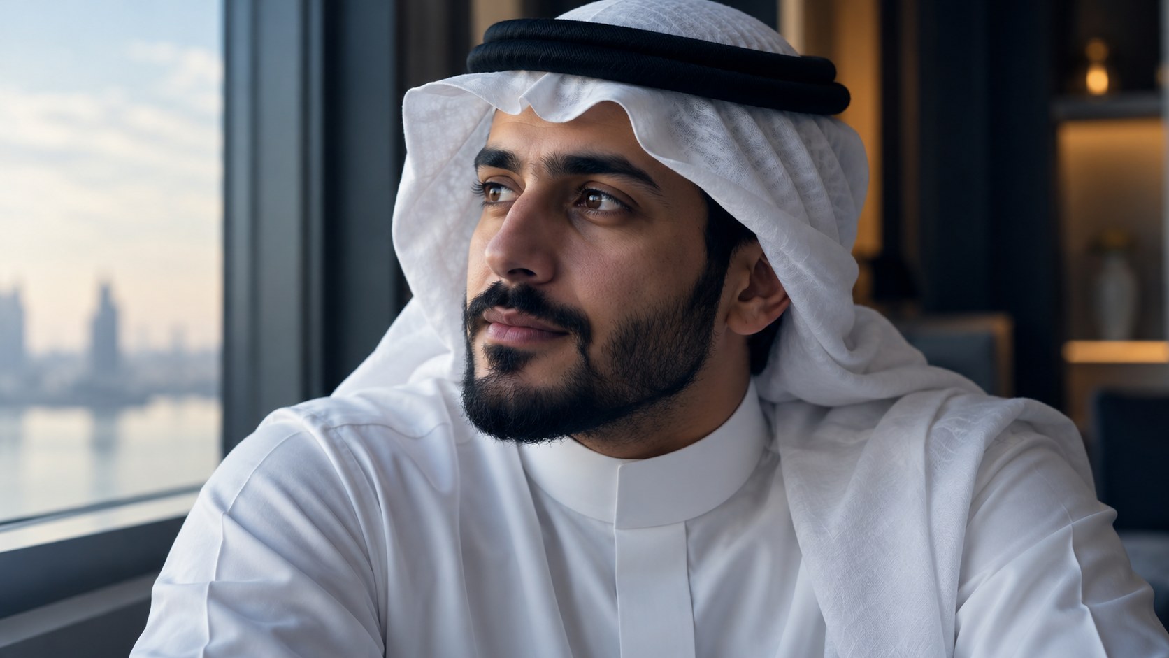 رجل سعودي متأمل جالس بجانب نافذة بإضاءة ناعمة