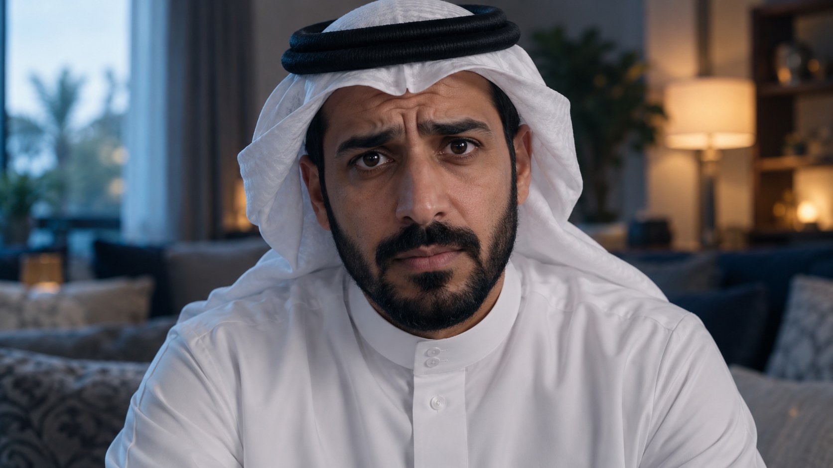رجل سعودي قلق ينظر مباشرة للكاميرا من صالة بيته