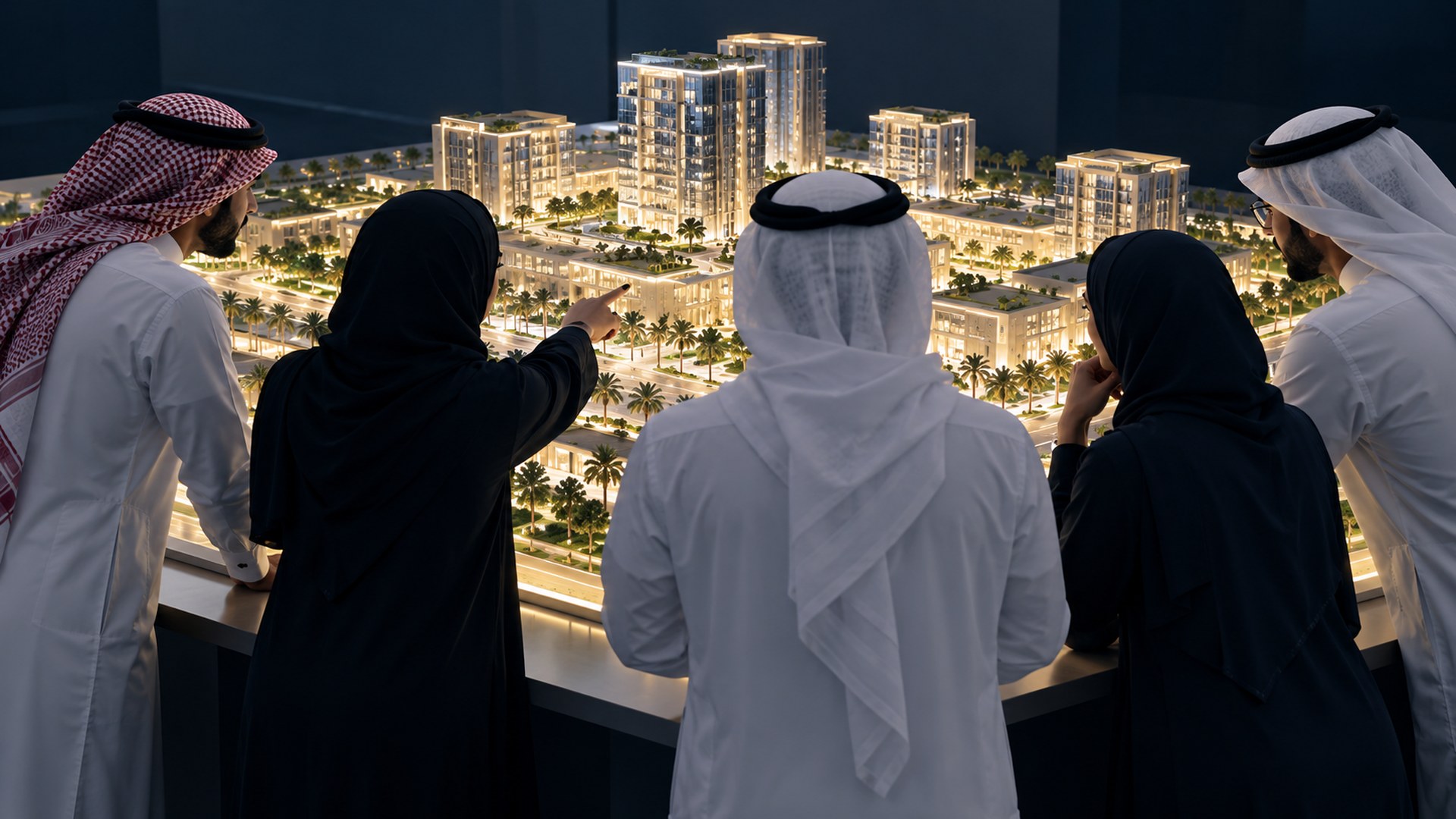 فريق مهندسين حول مجسم مبنى مضيء ثلاثي الأبعاد على طاولة، من الخلف