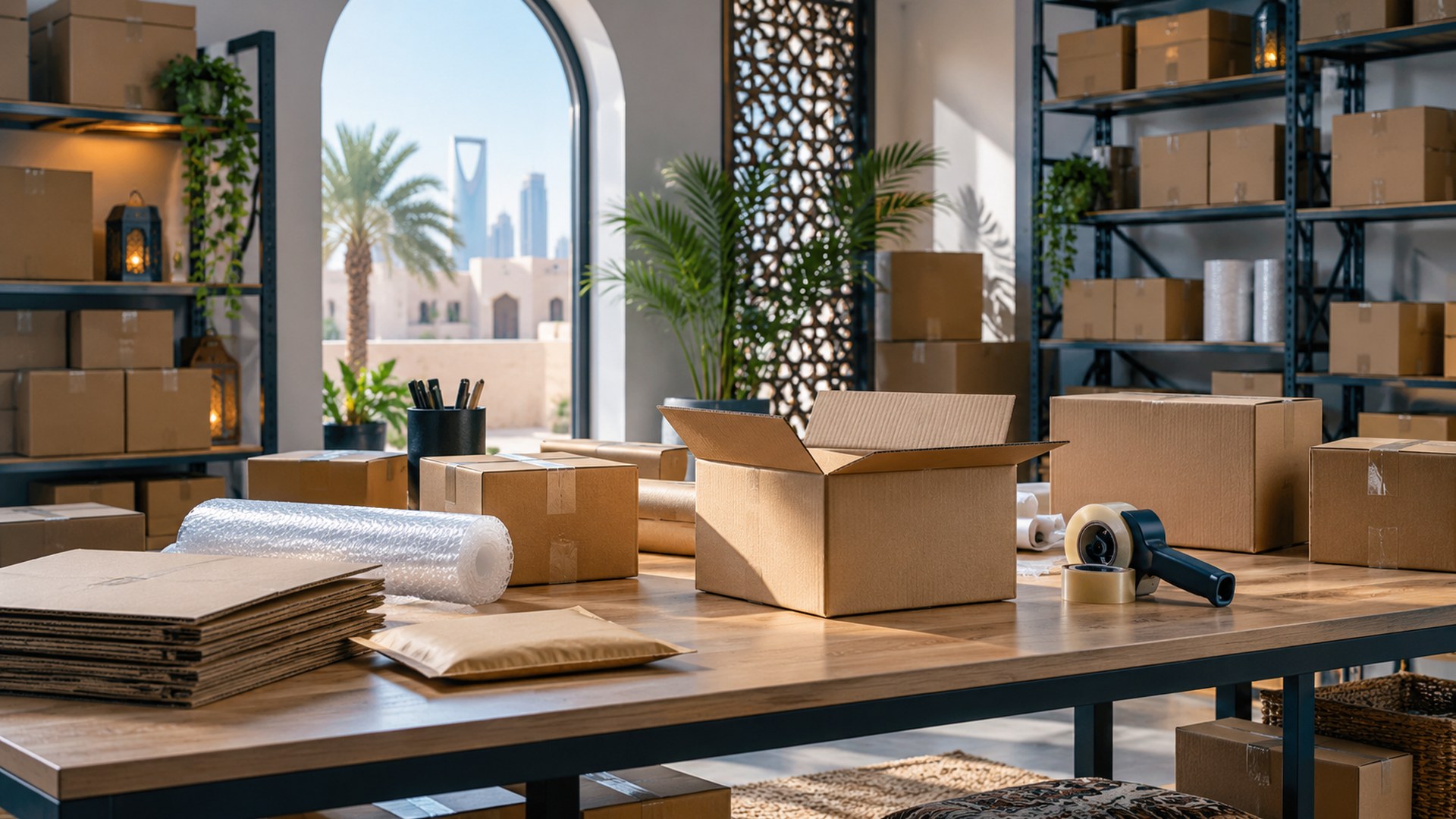 فريق صغير يغلّف الطلبات في مستودع منزلي مضيء، من الخلف
