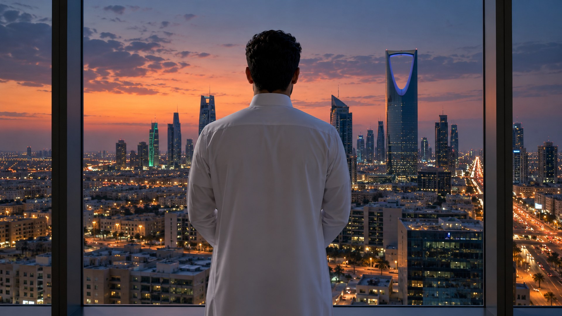 رجل سعودي بثوب أبيض يقف عند النافذة متأملاً أفق الرياض وقت الغسق، من الخلف