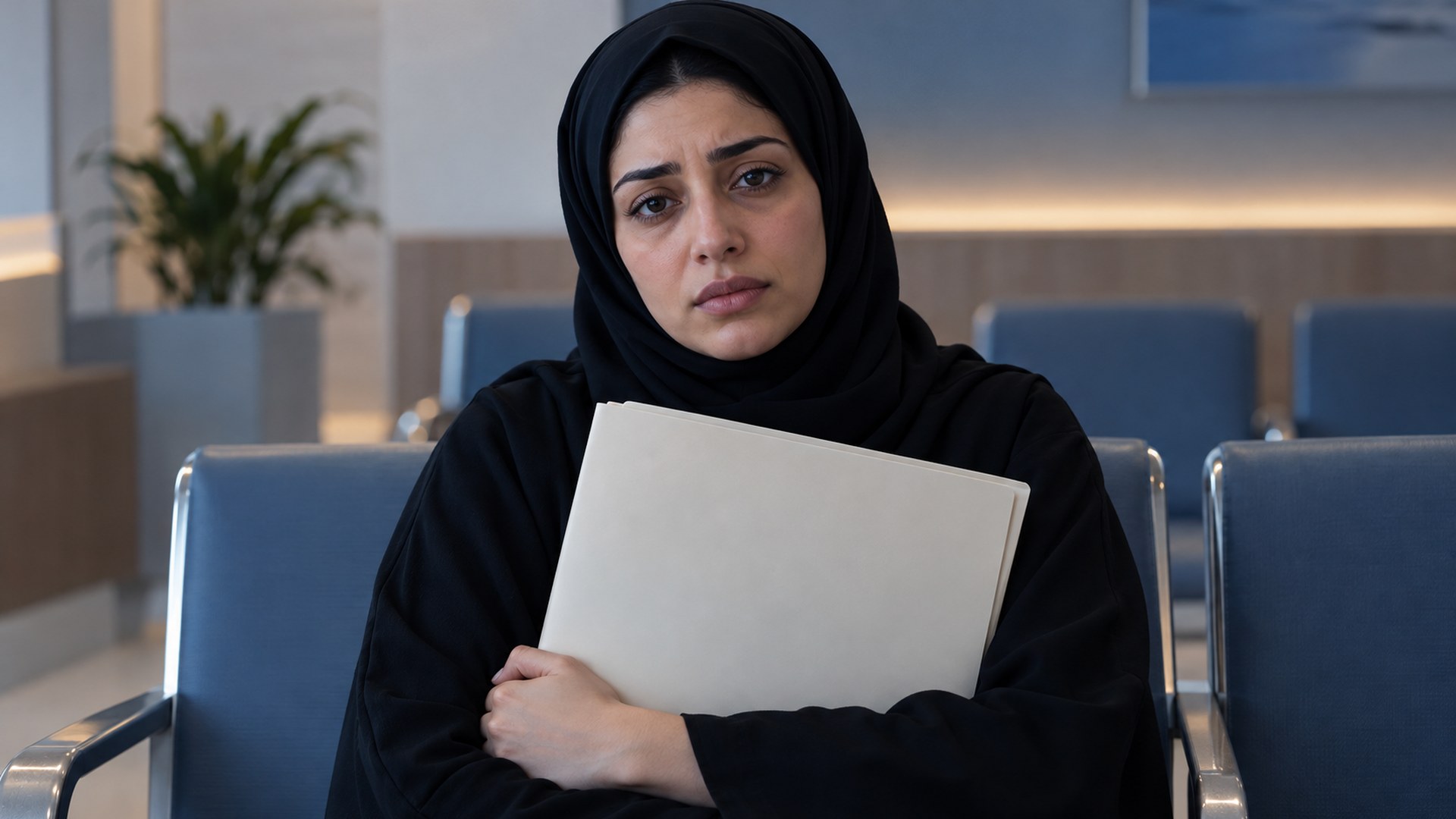 امرأة سعودية متعبة تمسك ملفاً طبياً مغلقاً في غرفة انتظار هادئة