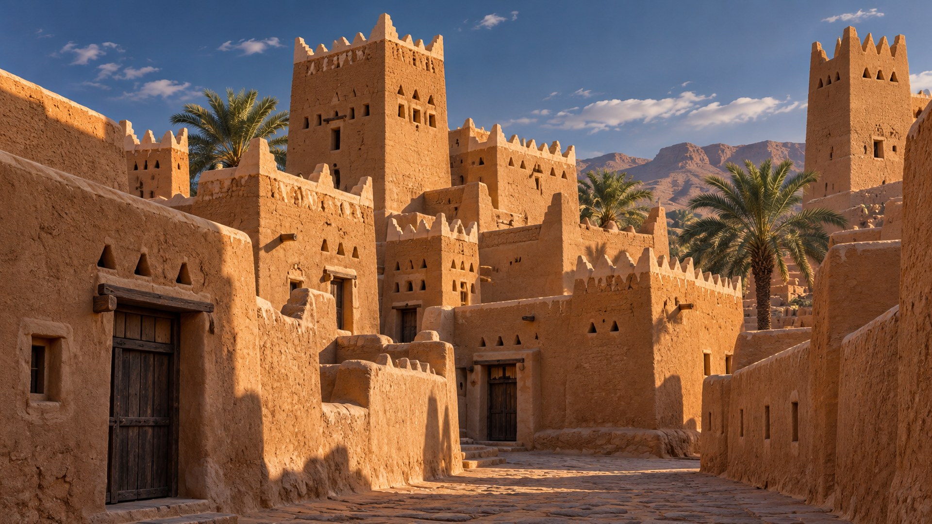 عمارة نجدية طينية في قرية تراثية سعودية قديمة في ضوء العصر الدافئ