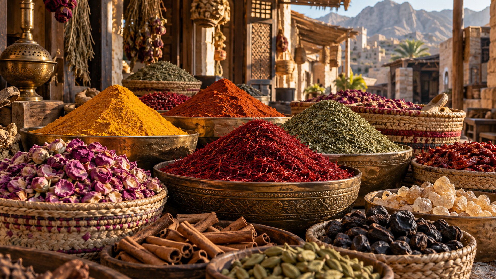 سوق شعبي في الطائف يعرض البهارات والسلال بإضاءة دافئة