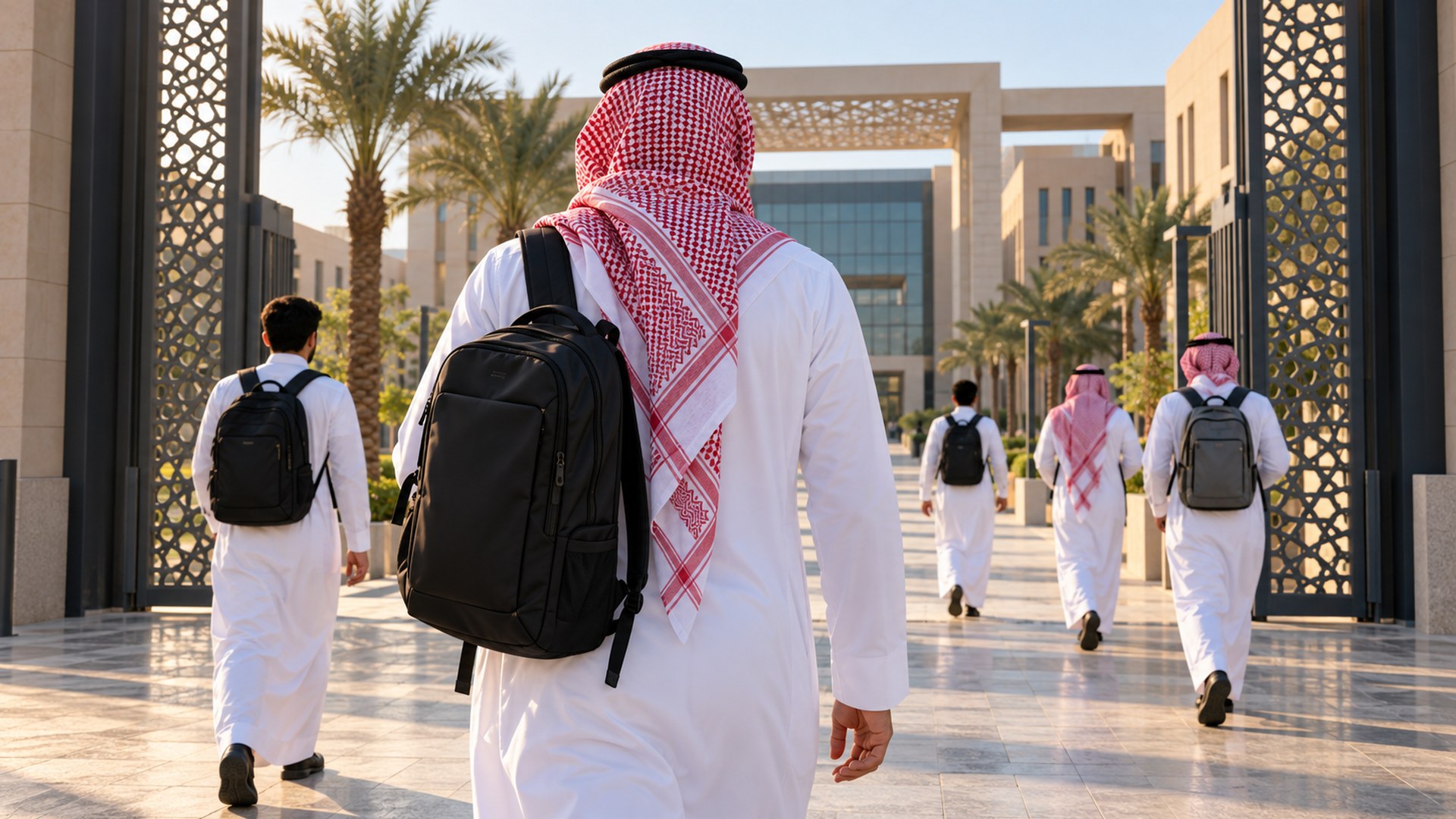شباب سعوديون بالثياب البيضاء وحقائبهم يدخلون بوابة الجامعة صباحاً، من الخلف