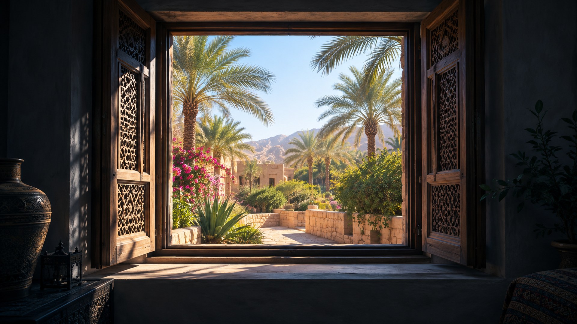 نافذة تُفتح من غرفة خافتة على حديقة مشرقة صباحاً