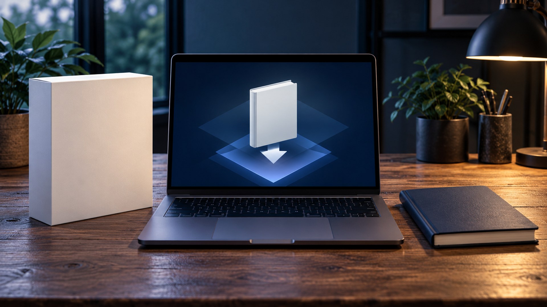 لابتوب يعرض تحميل كتاب رقمي بجانب علبة منتج ودفتر على مكتب خشبي