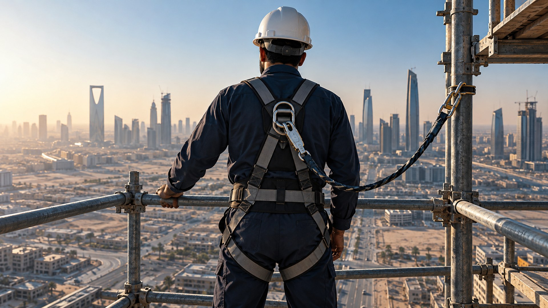 عامل بخوذة وحزام أمان مربوط بحبل نجاة على السقالة، من الخلف