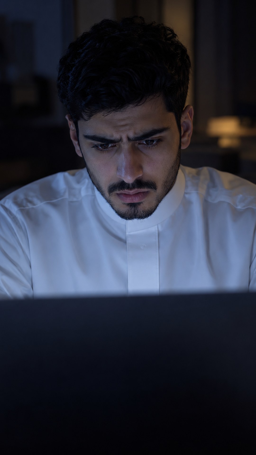 شاب سعودي قلق يحدّق في شاشة مليئة بالروابط ليلاً