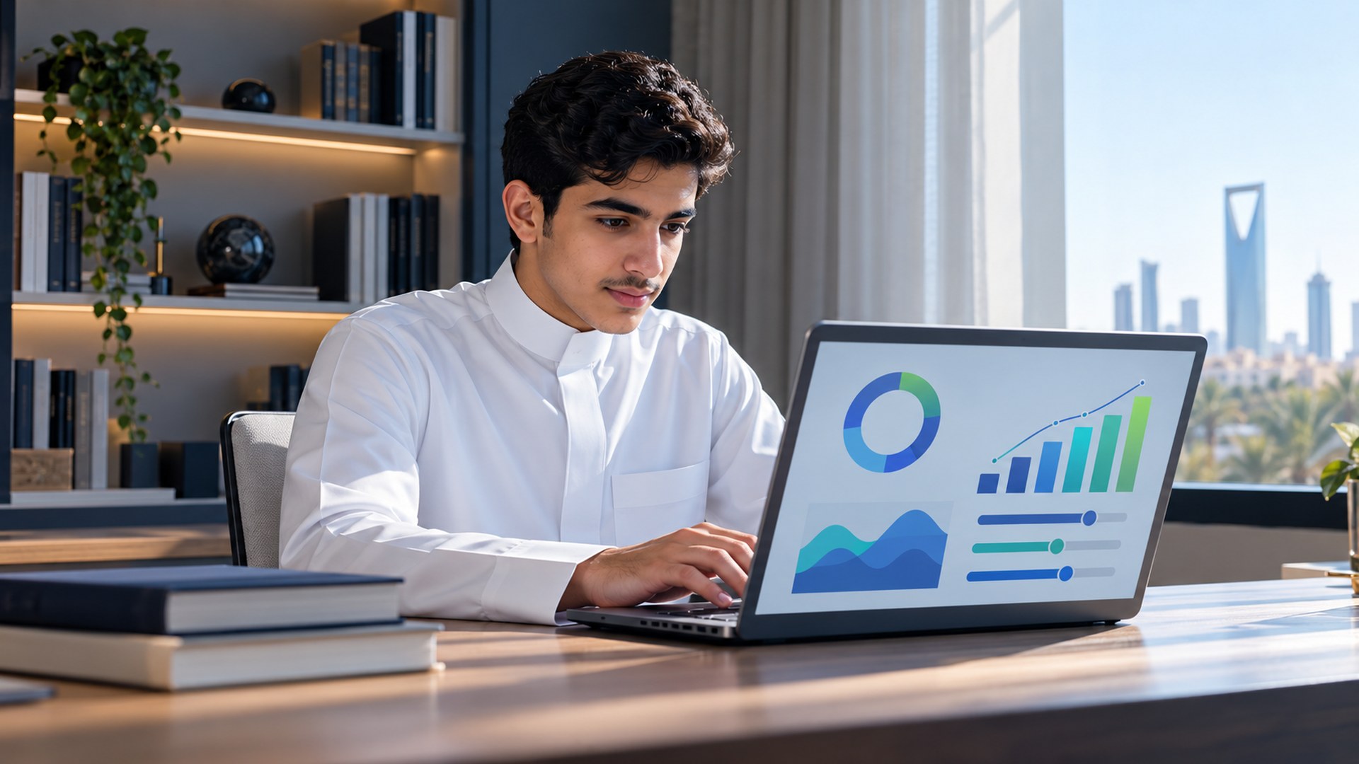 طالب عربي شاب يتعلم على لابتوب يعرض رسوم تعلم تكيفي في غرفة مذاكرة مشمسة