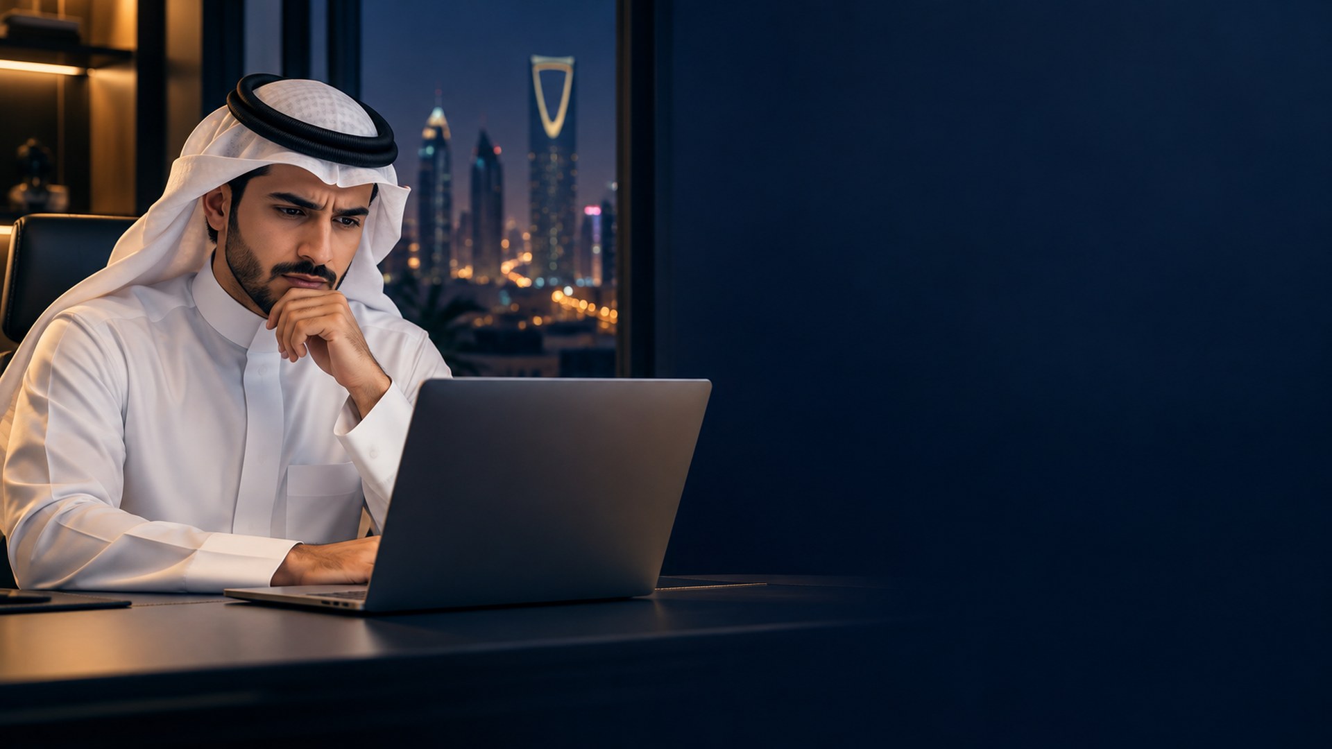 صاحب عمل سعودي شاب بثوب أبيض محتار أمام خانة بحث في مكتب حديث بالرياض