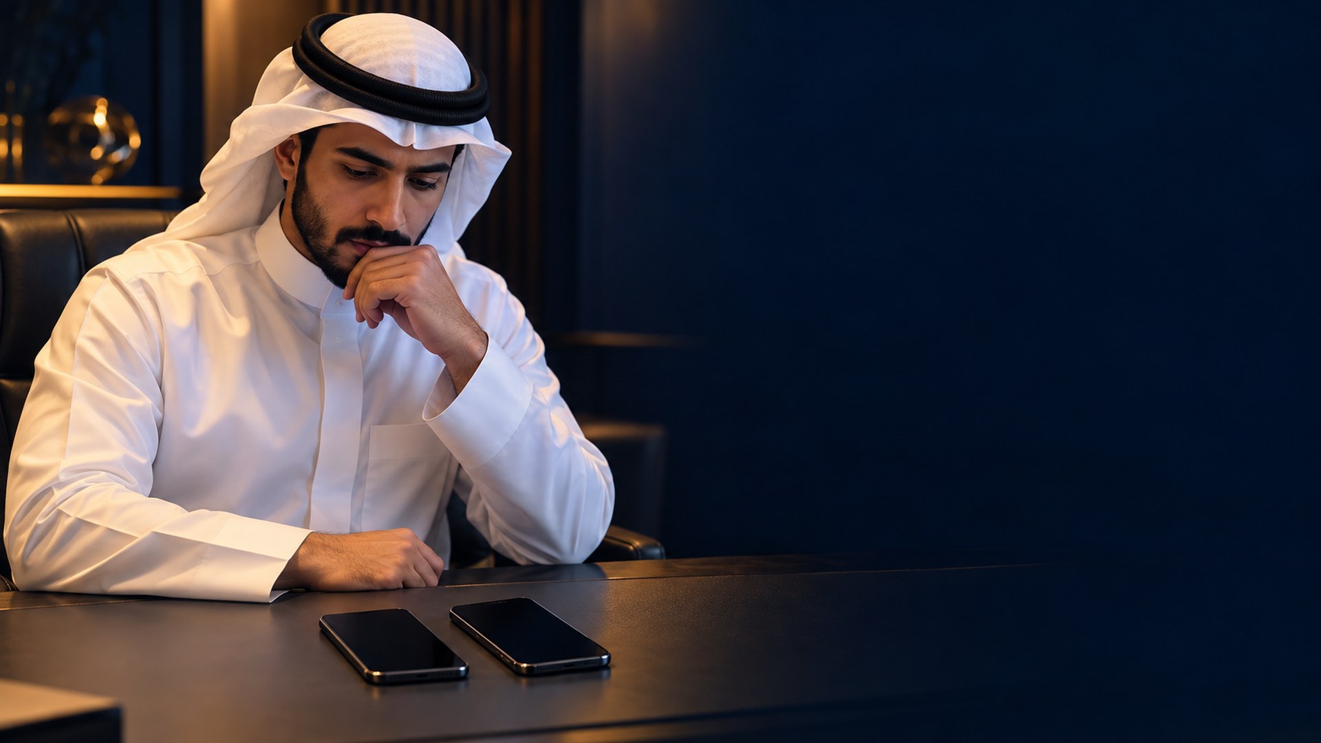 صاحب عمل سعودي شاب بثوب أبيض يتأمل جوالين متجاورين على مكتبه