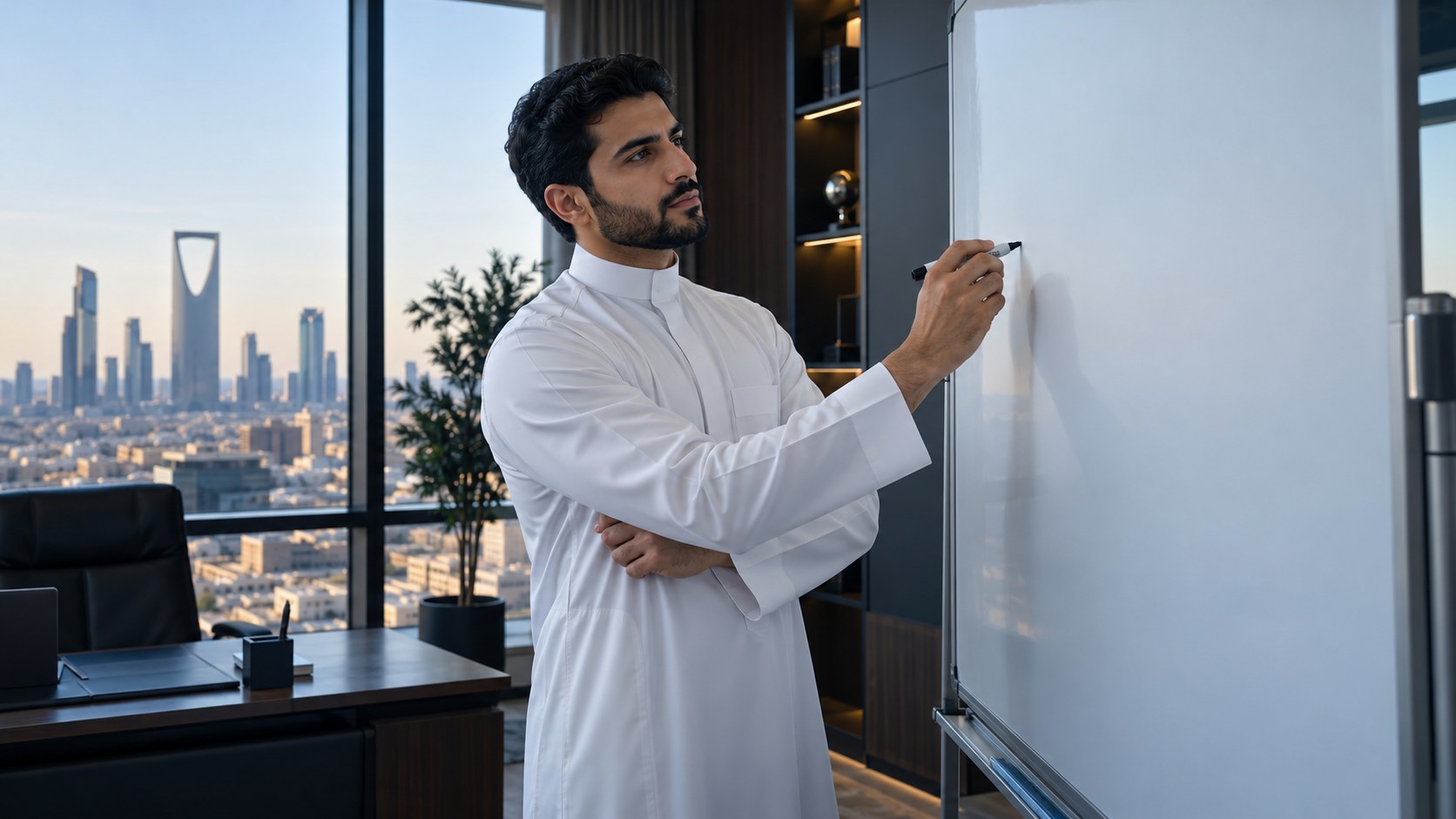 رجل أعمال سعودي شاب يكتب أسئلة على سبورة ويفكر فيما تمثله شركته