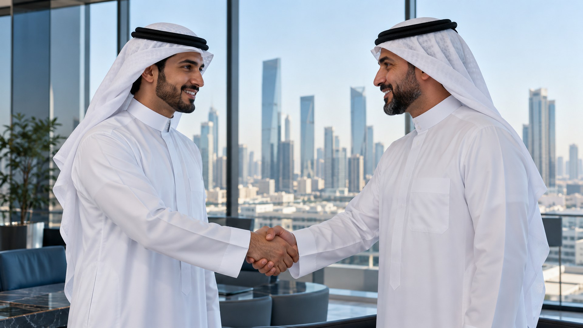 رائد أعمال سعودي شاب يصافح مستشار أعمال في مكتب حديث