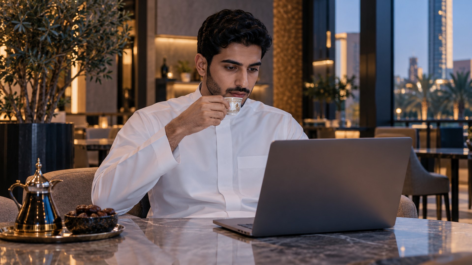 رائد أعمال سعودي شاب في مقهى حديث يتأمل لابتوبه ويشرب القهوة العربية
