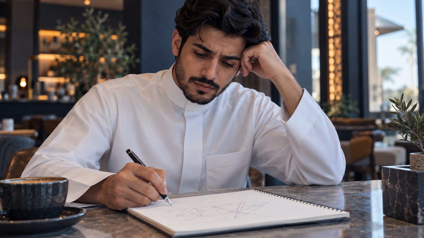 رائد أعمال سعودي شاب يرسم شعاراً في مفكرة بمقهى ويتوقف متردداً