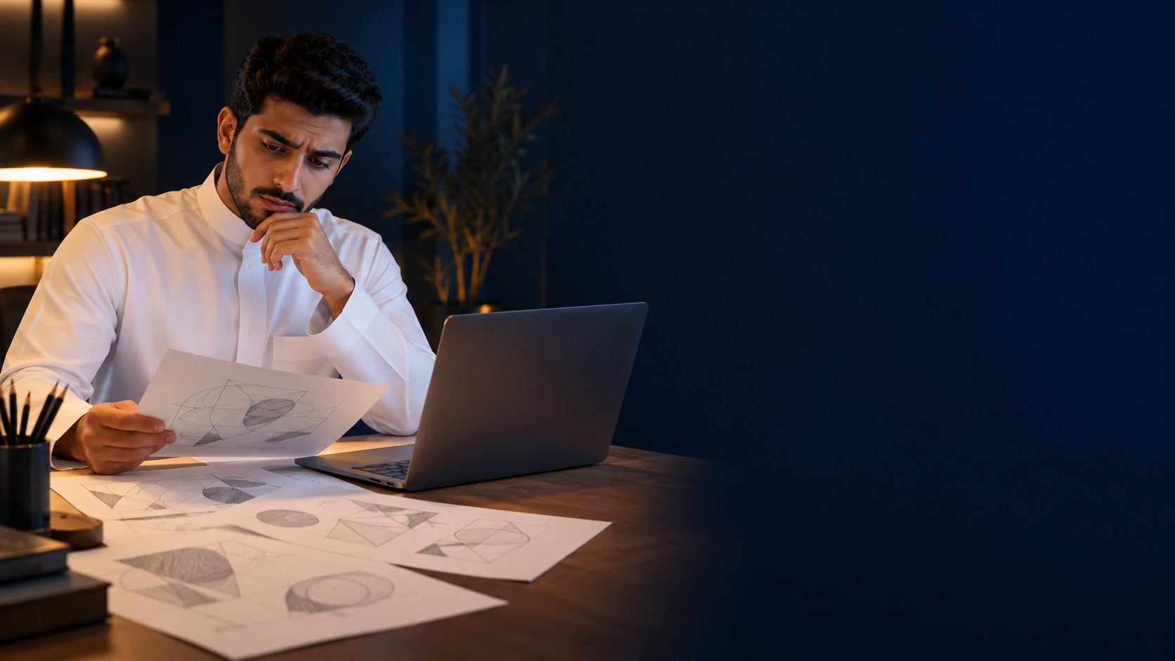 رائد أعمال سعودي شاب يتأمل بشك رسومات شعارات منتشرة أمامه بجانب لابتوبه