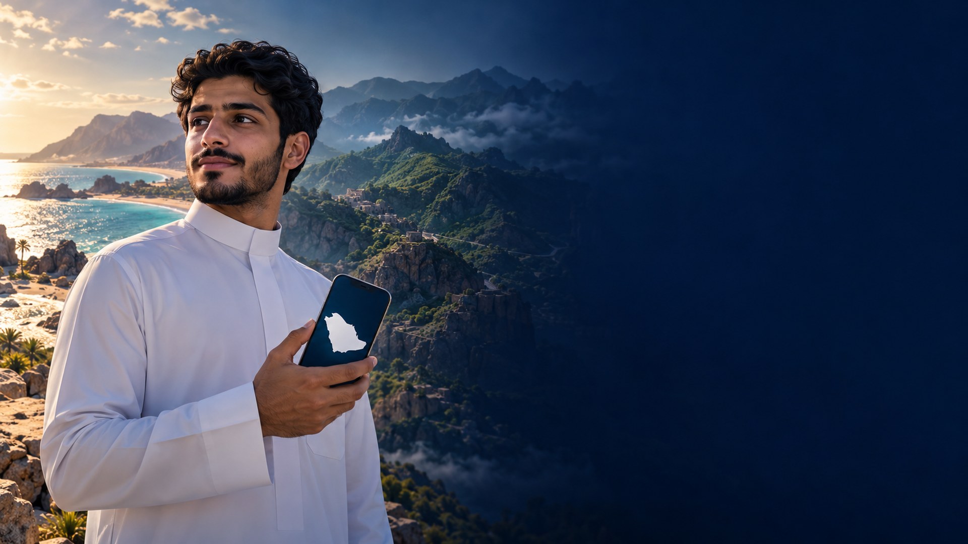 شاب سعودي يمسك جوالاً يعرض خريطة وخلفه شاطئ مشمس وجبال خضراء