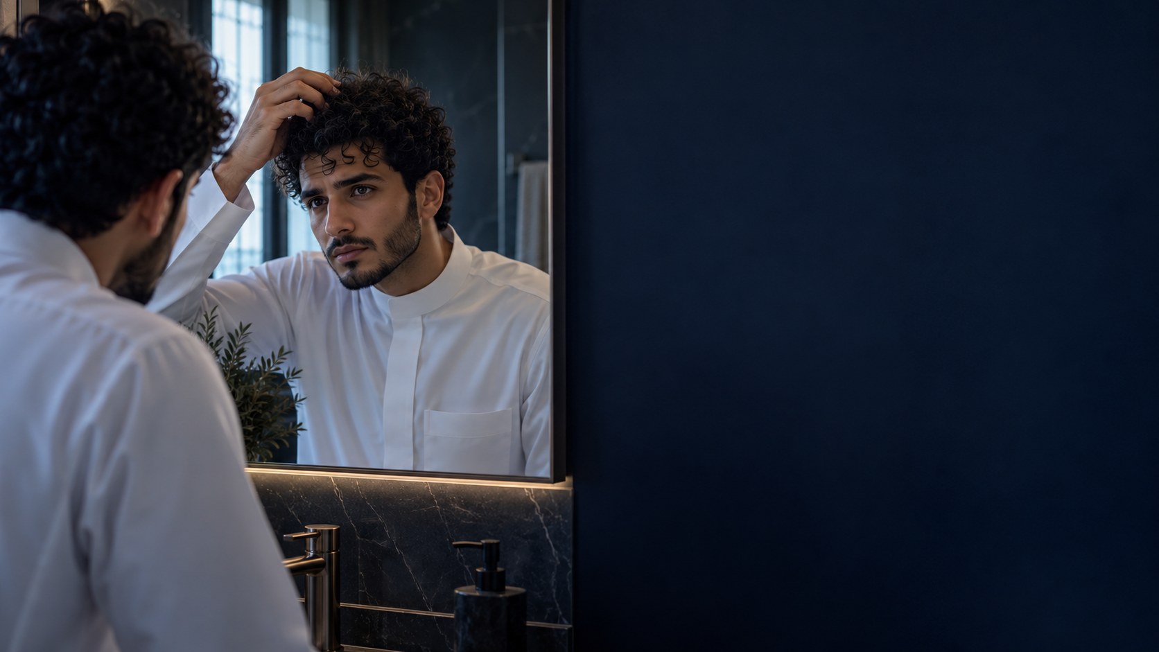شاب سعودي بشعر مجعد طبيعي ينظر إلى خصلاته المنفوشة في مرآة الحمام