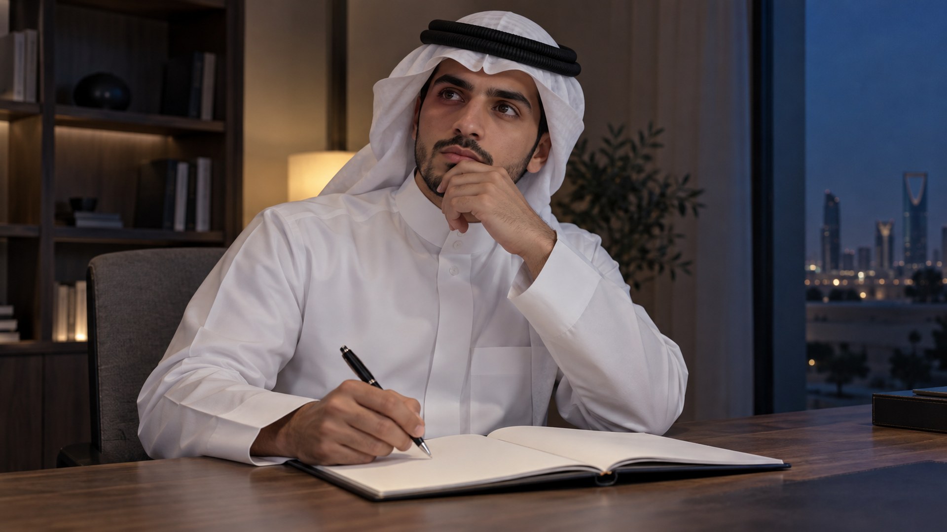 شاب سعودي على مكتبه يقرر أي مهارة يركز عليها والقلم فوق الدفتر