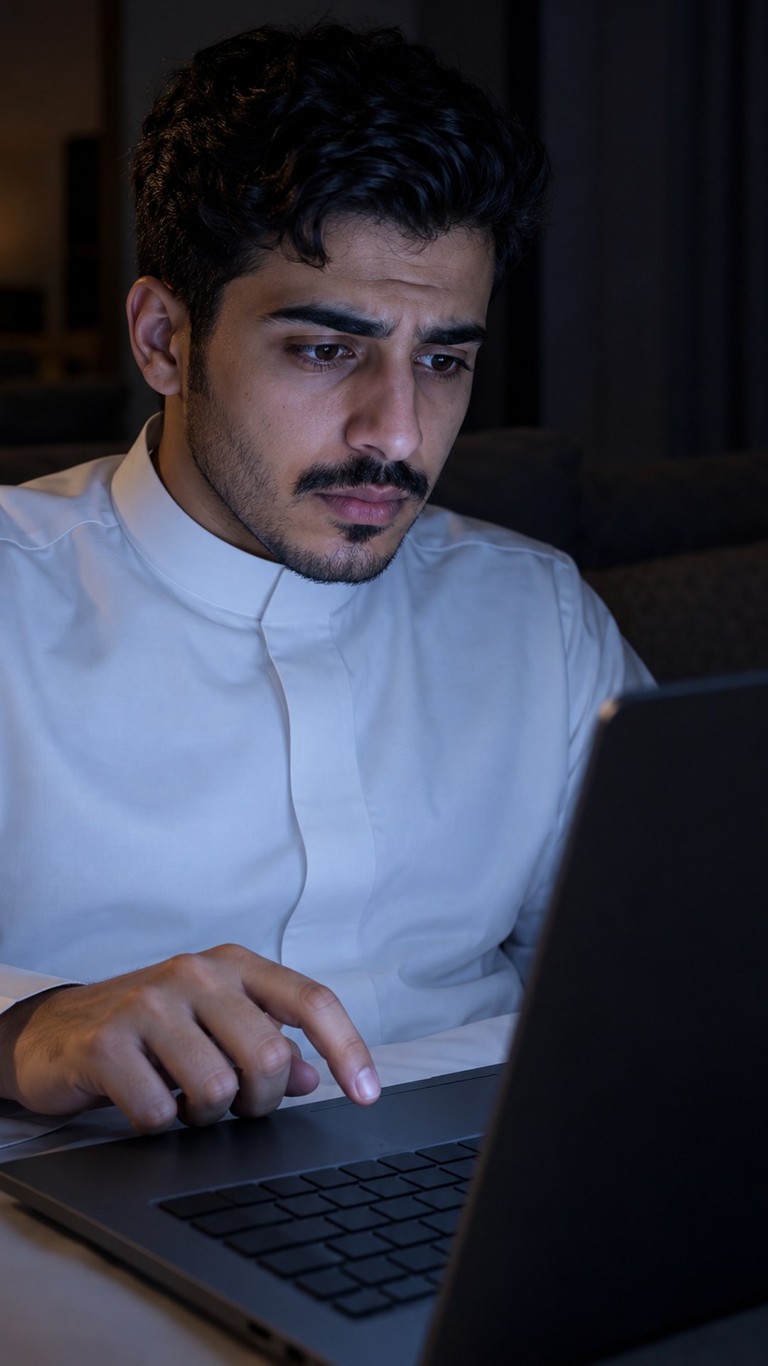 شاب سعودي متردد أمام اللابتوب ليلاً يفكر ماذا يكتب