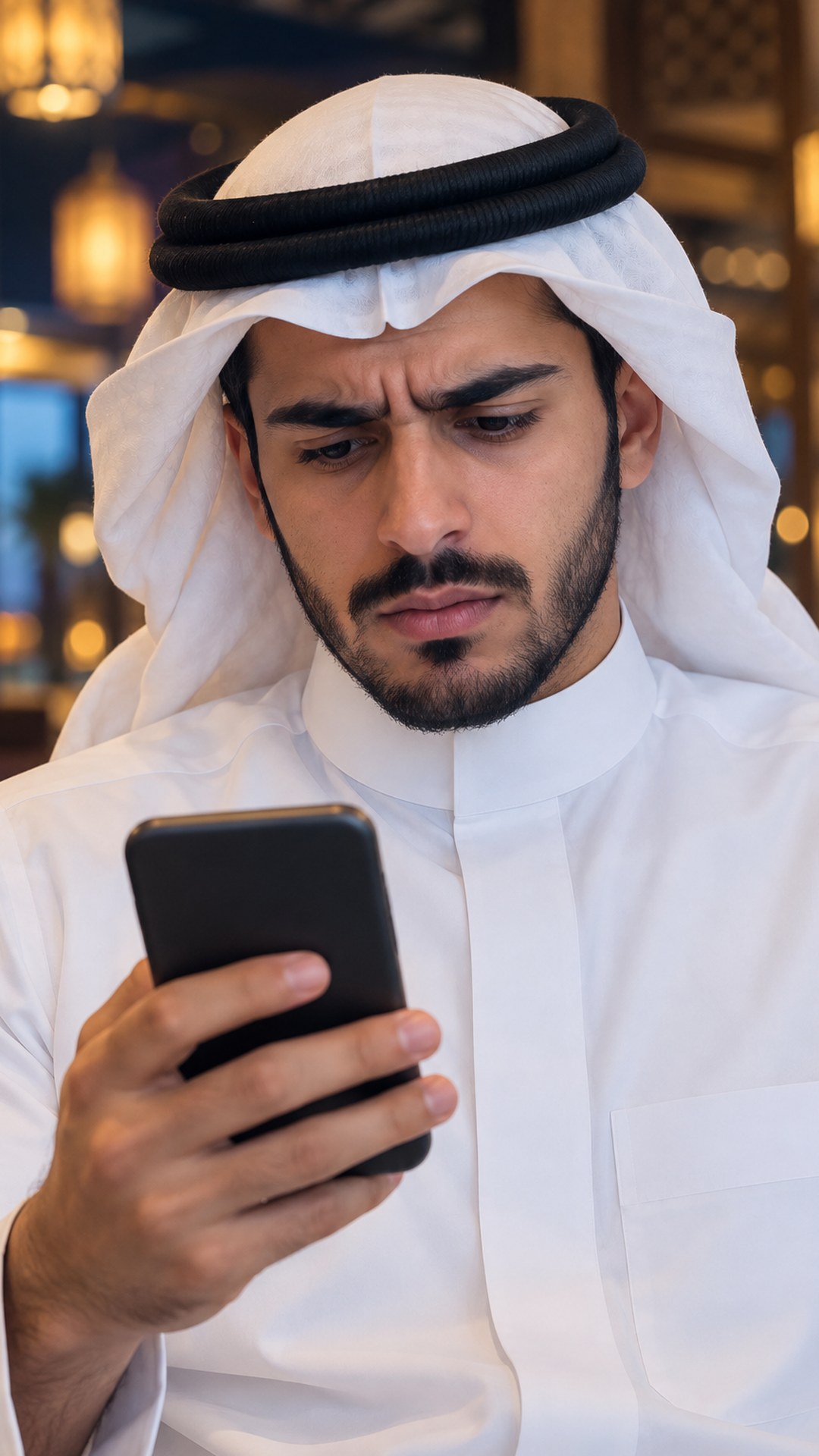 شاب سعودي محتار أمام جواله وأضواء المقهى خلفه