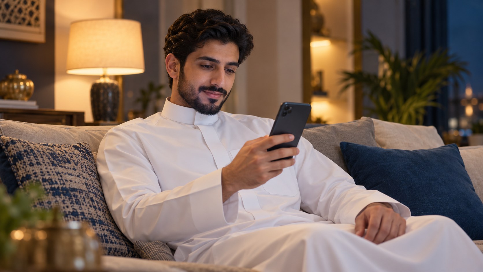 شاب سعودي على الكنب يقرأ دليلاً مفيداً على جواله بدل الإعلان
