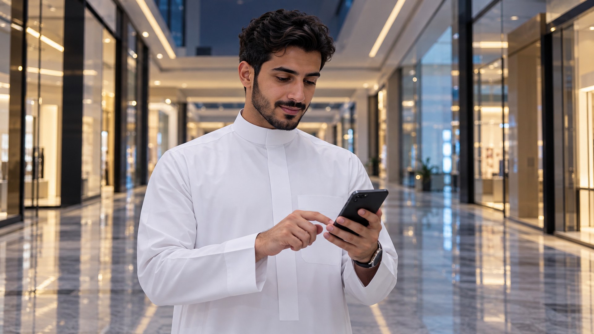 شاب سعودي يضغط زر الشراء على جواله في ممر مول
