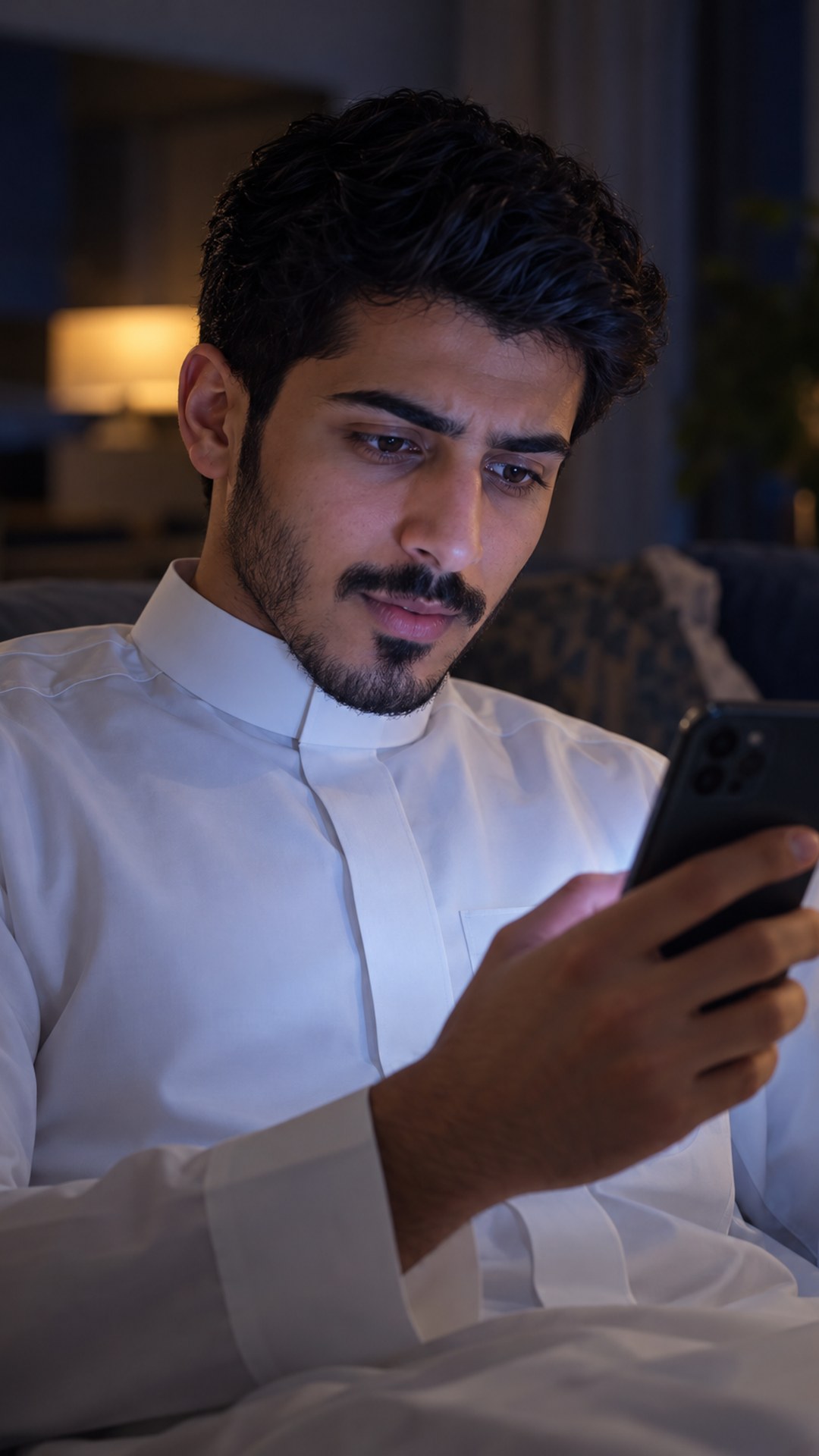 شاب سعودي بالثوب يمسك جوالاً مضيئاً في غرفة حديثة خافتة بفضول