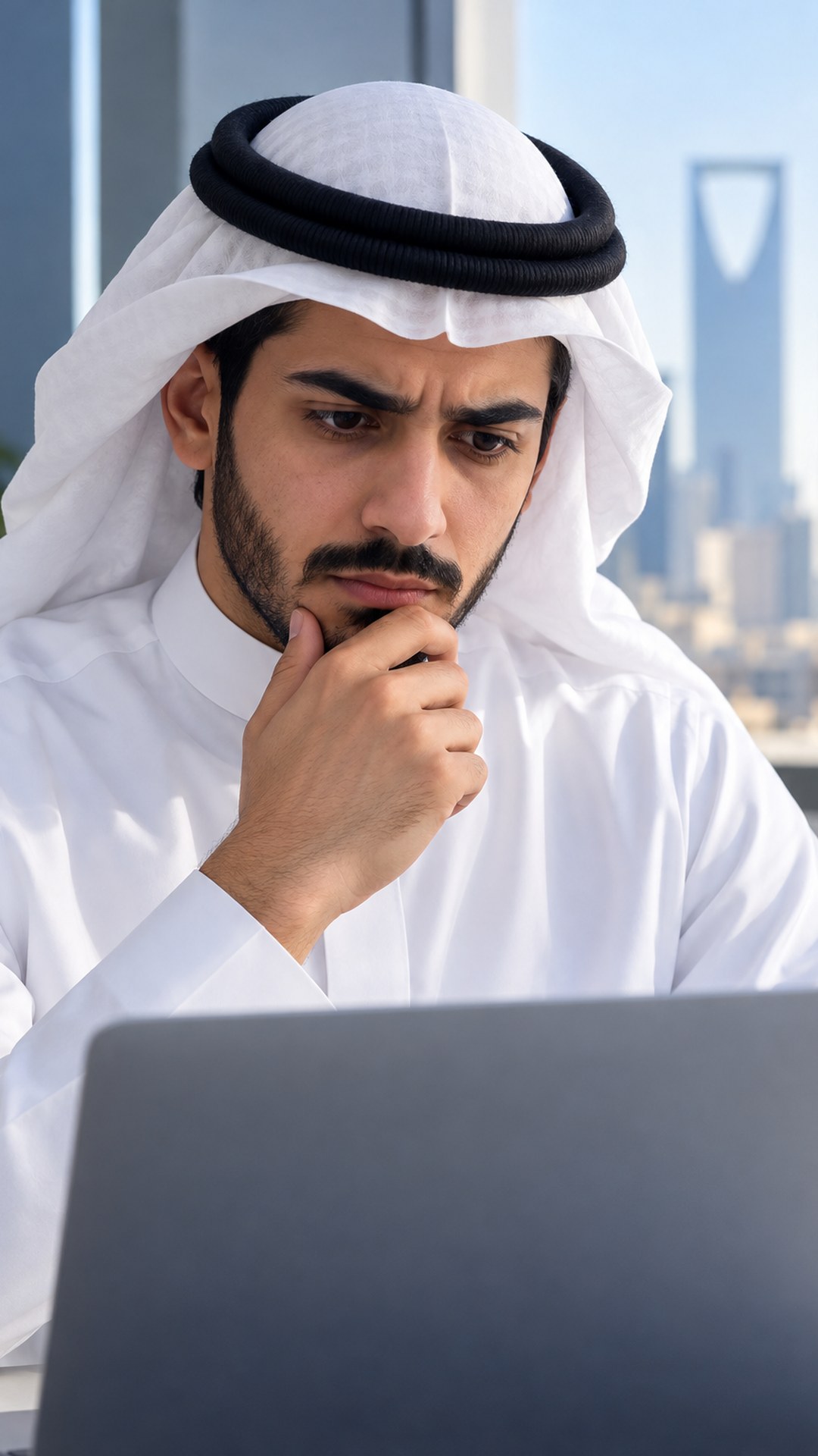 شاب سعودي بالثوب قلق أمام لابتوبه ويده على ذقنه في مكتب مشمس