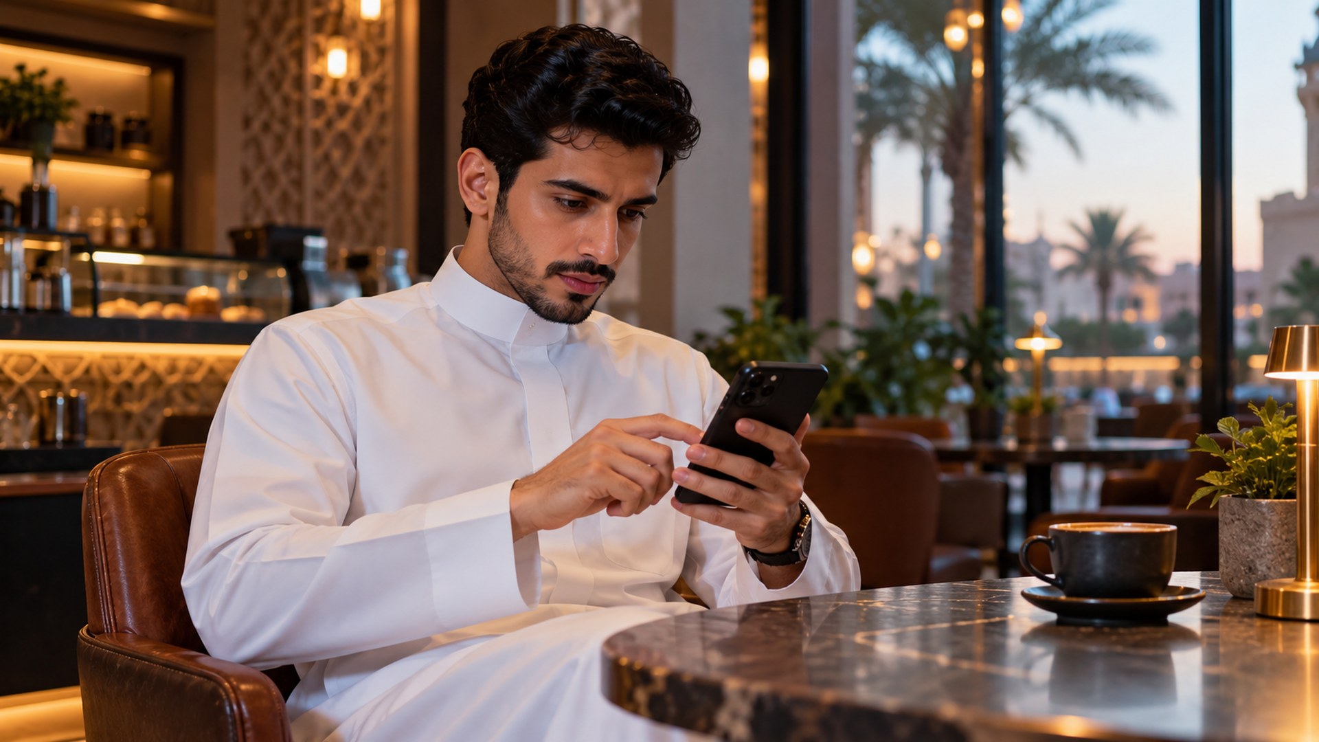 شاب سعودي بالثوب في مقهى يكتب عبارة بحث على جواله بتركيز