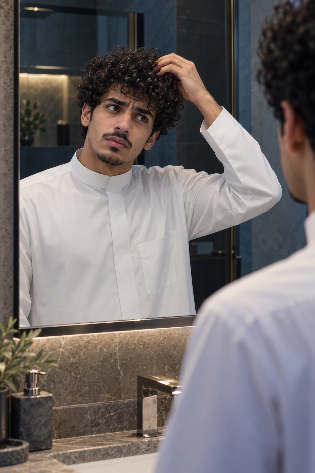 شاب سعودي محتار يلمس شعره المجعد المنفوش أمام مرآة الحمام
