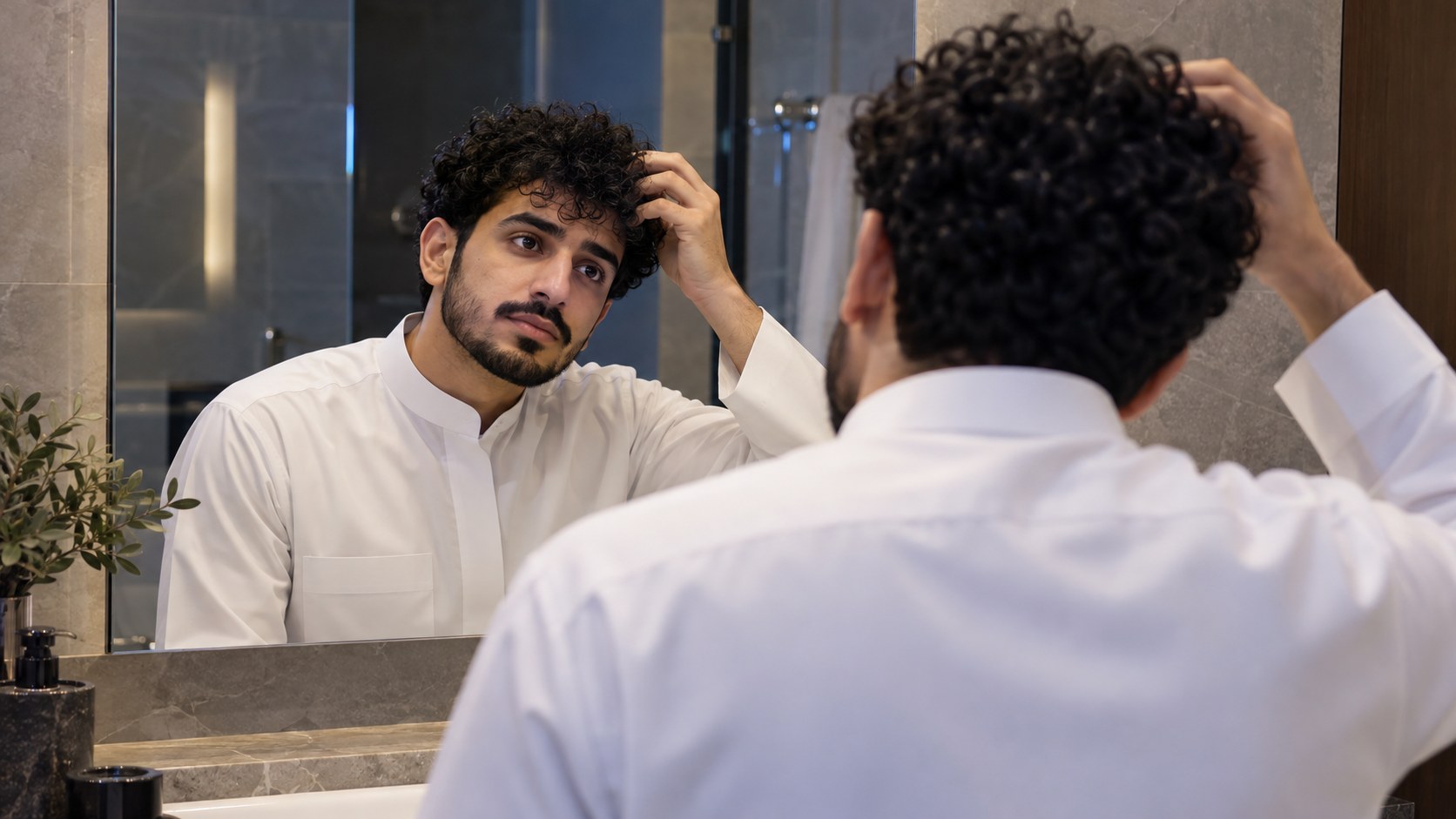 شاب سعودي بثوب أبيض يتفقد شعره المجعد الجاف في مرآة الحمام