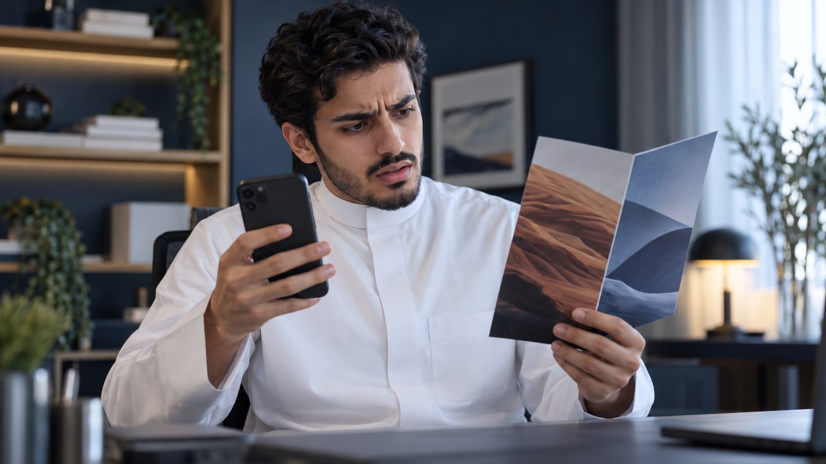 شاب سعودي بثوب أبيض محتار بين جواله وكتيّب مطبوع في يده