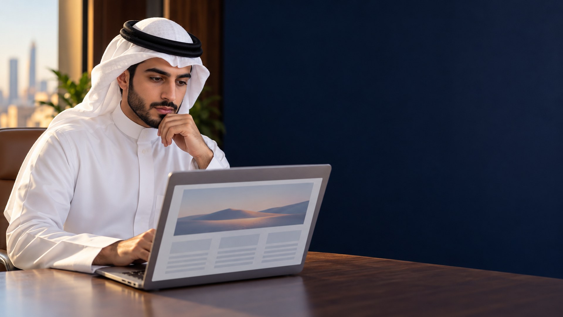 شاب سعودي بالثوب والغترة يتأمل تصميم مقال على لابتوبه في ضوء النهار