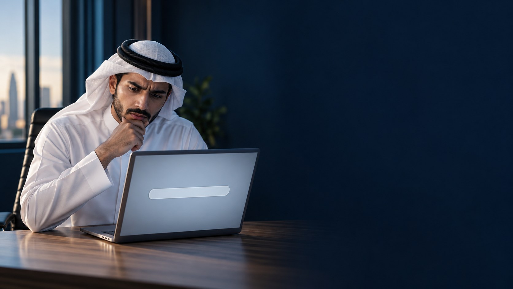 شاب سعودي بالثوب والغترة محتار أمام خانة بحث فارغة على لابتوبه