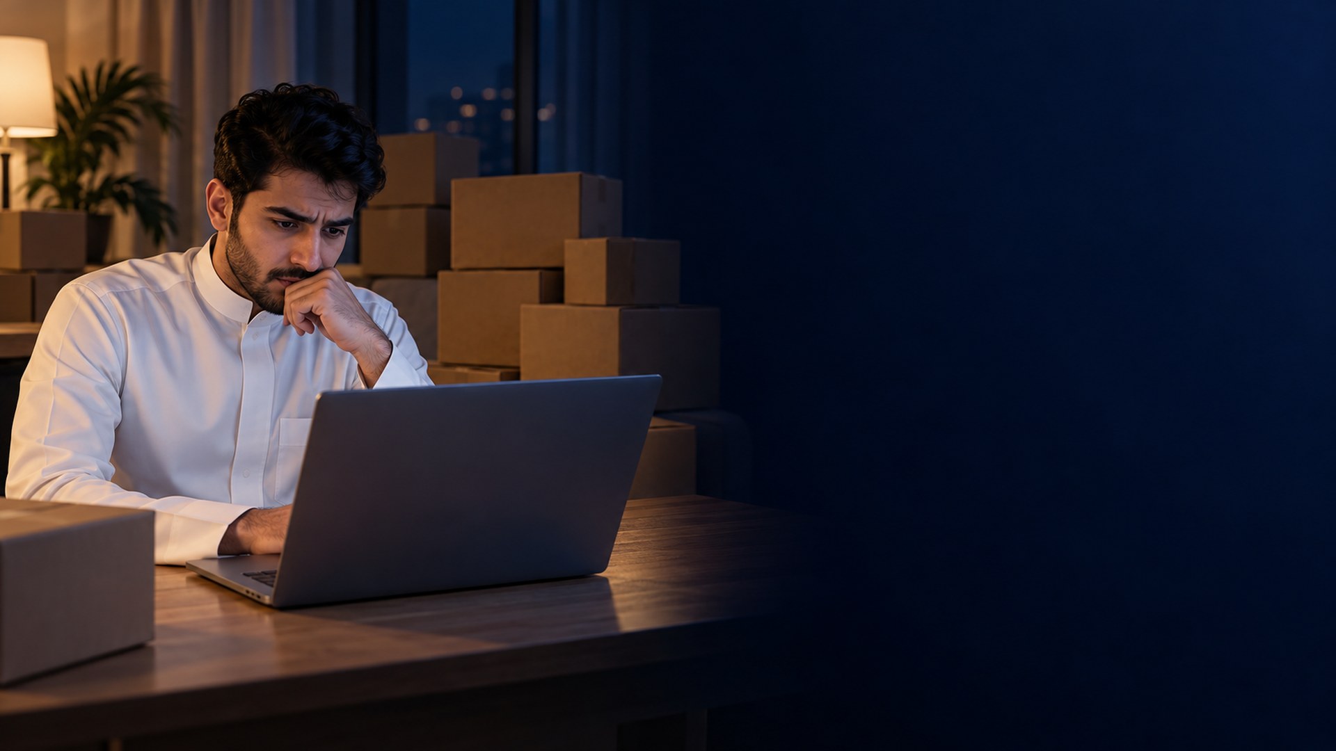 شاب سعودي يقطّب أمام لابتوبه في مشروعه المنزلي وخلفه صناديق منتجات مغلقة