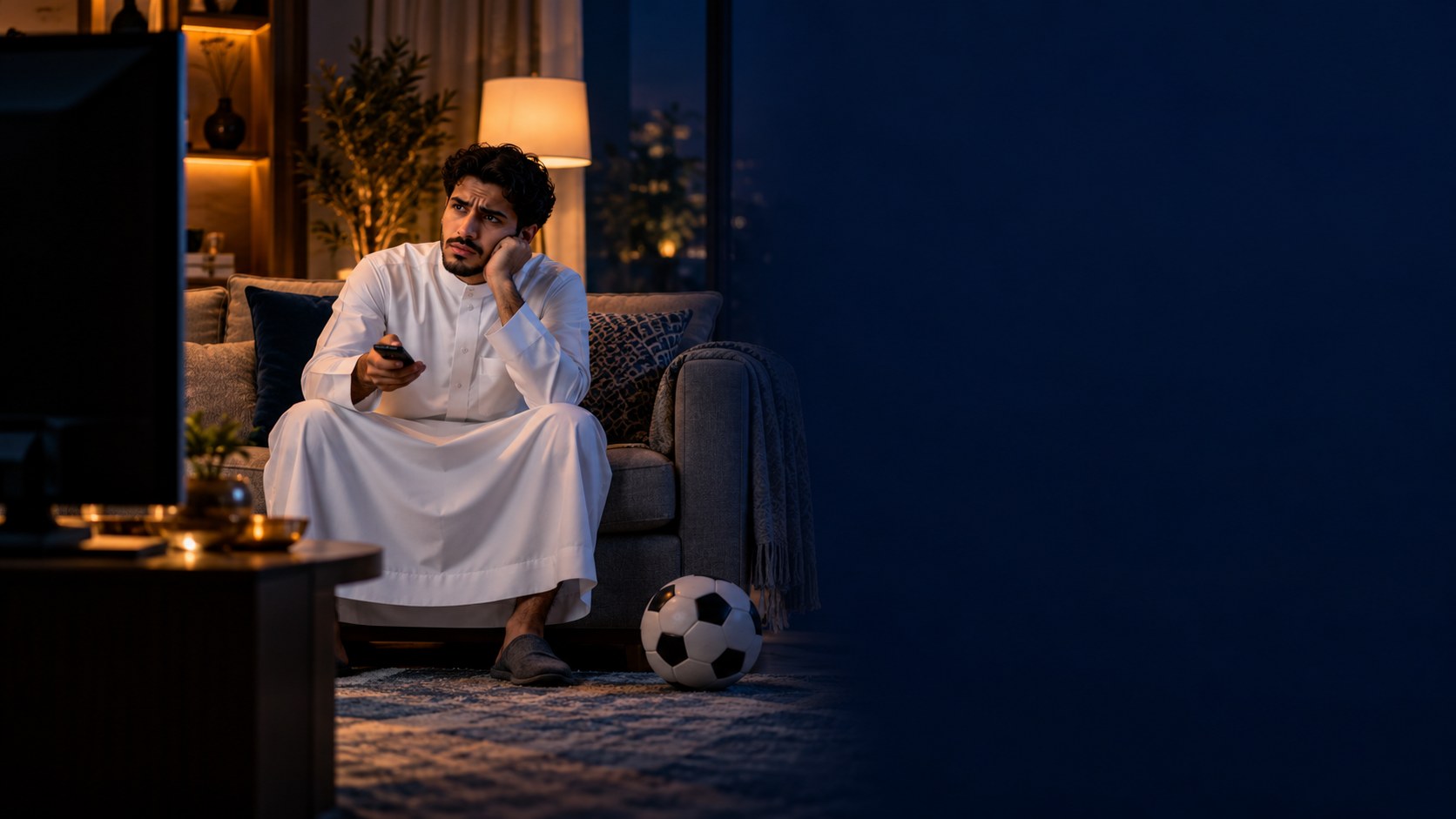 شاب سعودي على الكنب يمسك الريموت محتاراً أمام تلفزيون مطفأ وبجانبه كرة