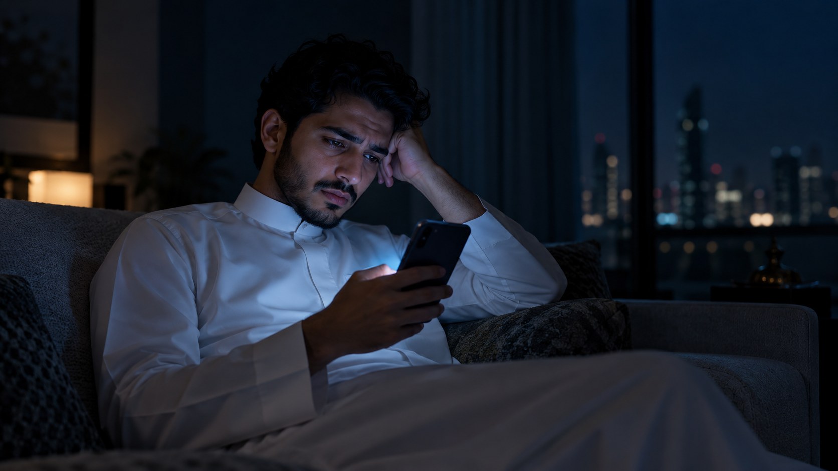 شاب سعودي بثوب أبيض متعب على الكنب ليلاً يقرأ جواله وأضواء المدينة من النافذة